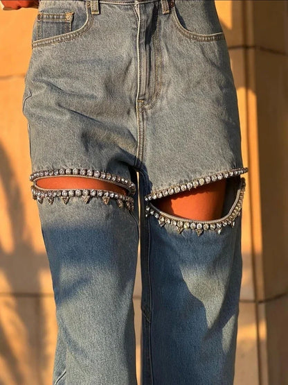 Chic Women Hollowed Out Diamonds Beaded Holes Jeans Rhinestones Straight Denim Pants Crystals Cowboy Trousers Loose Pantalones - Kimlud