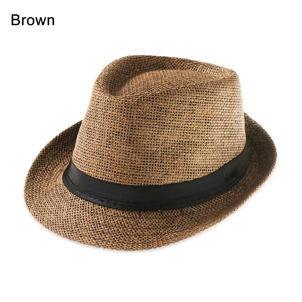 Unisex Fashion Beach Sun Cap Summer Wide Brim Straw Panama Cap Casual Jazz Dress Hat Cowboy Fedora Hat Gangster Cap