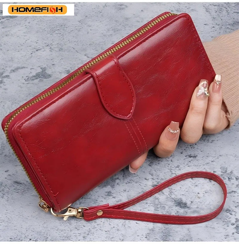HOMEFISH Vintage Oil Wax PU Leather Clutch Wallet Large Capacity Phone Purse Ladies Wristband Simple Card Holder Pouch Bag