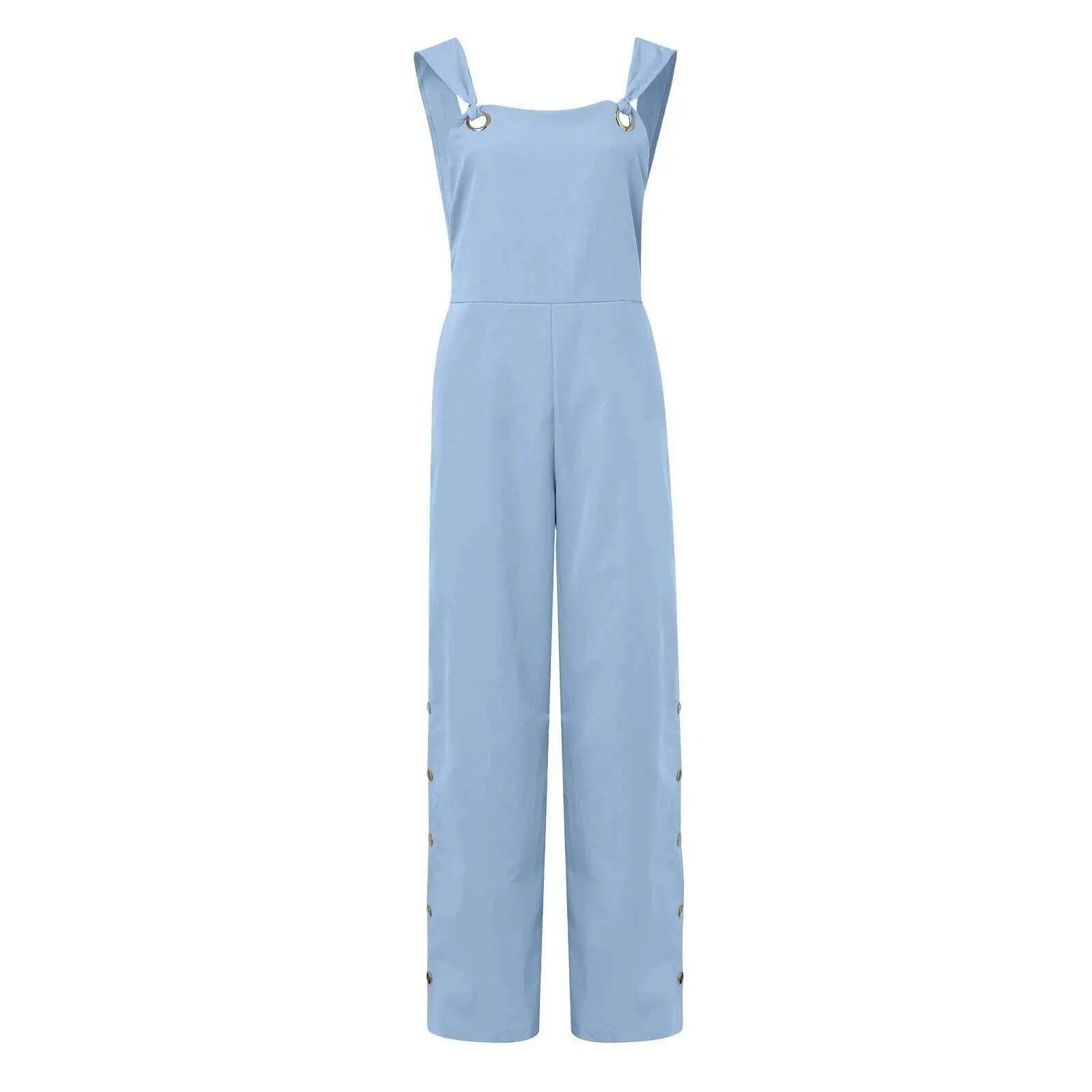 Women's Summer Sleeveless Cotton Linen Playsuits Strappy Side Button Opening Overalls Loose Long Wide Leg Pants Female Jumpsuits