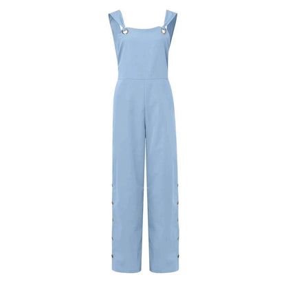 Women's Summer Sleeveless Cotton Linen Playsuits Strappy Side Button Opening Overalls Loose Long Wide Leg Pants Female Jumpsuits