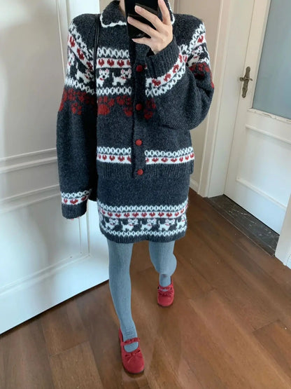 Knitted Suit Women 2025 Fashion Vintage Sping Autumn Cardigan Sweater Coat Short Skirt Ladies Two Piece Set Outfits