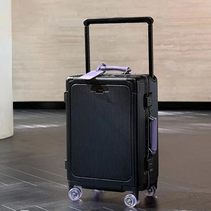 Front Opening Pocket Rolling Luggage Aluminum Frame Wide Handle Trolley Suitcase with Colorful Silent Wheels & USB Charging Plug