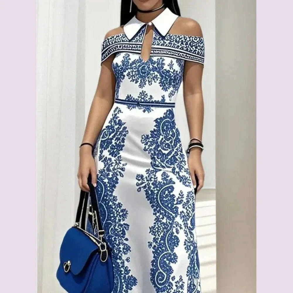 Freeacy Floral Printed Bodycon Dress for Women Cold Shoulder Lapel Collar High Waist A-line Maxi Evening Dresses Party Gowns