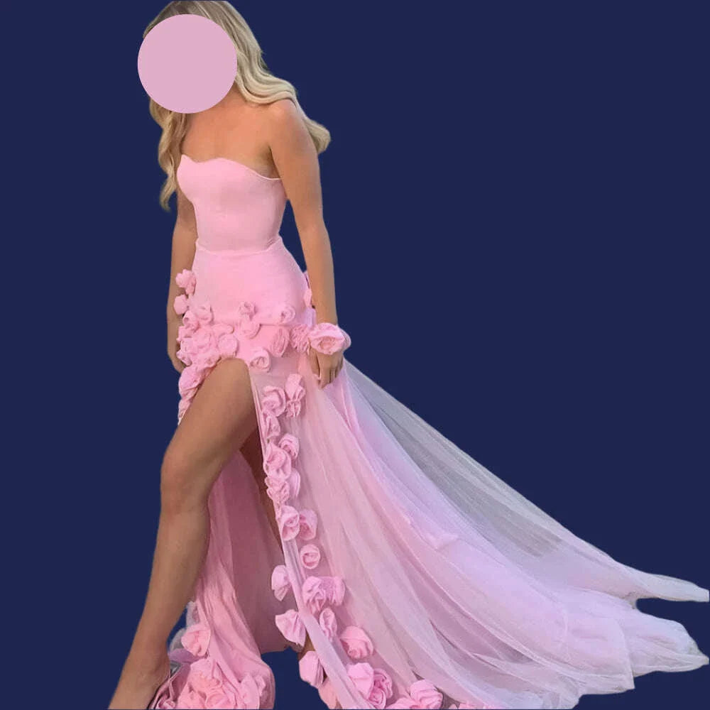 RFYR Pink Mermaid Charming Prom Dress 3D Flower Formal Gown Sleevesless Evening Gown with Side Slit vestidos de noche Customized