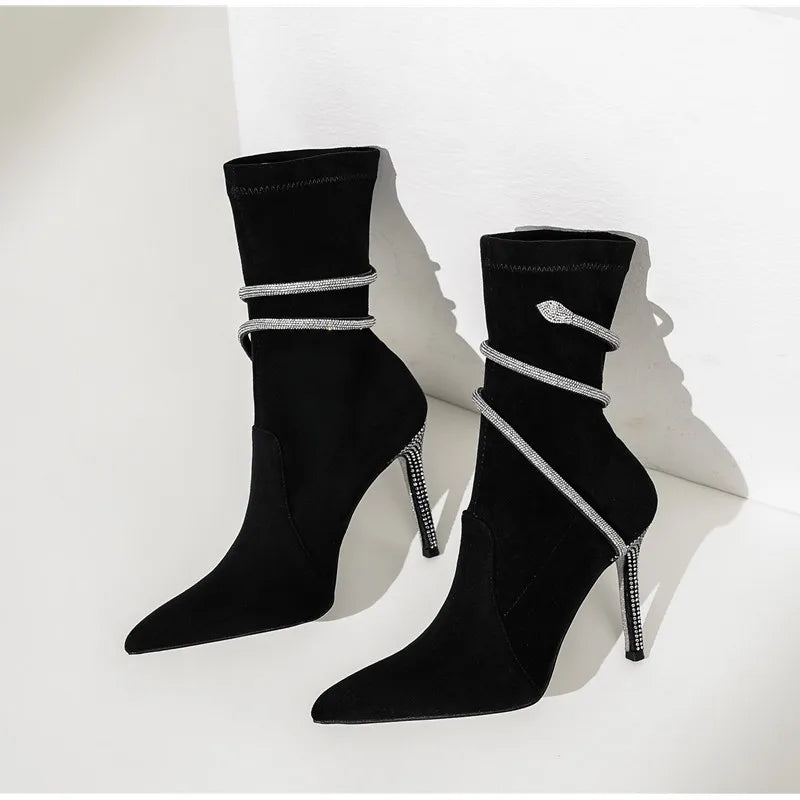 Autumn Winter Fashion Faux Suede Snake Coiled Women Boots Luxury Crystal Stiletto High heels Ankle Boots Shoes Botas Mujer