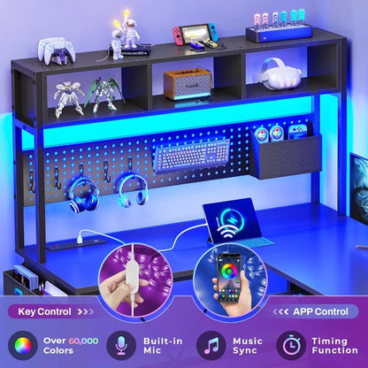 L Shaped Gaming Desk with Hutch 57.5 Reversible Corner Computer Desk Featuring Adjustable Storage Shelves Integrated...