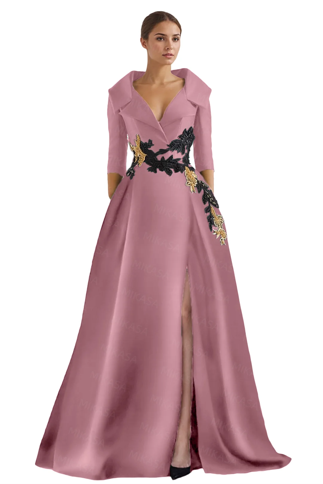 Classic Satin Evening Dresses For Women Wedding Party Guest V-neck Three Quarter A-line Side Slit Elegant Prom vestidos de gala