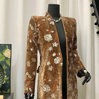 Women Spring Autumn New Heavyweight Sequined Embroidered Jacquard Coat Brown Velvet Stand-Collar Slim Fit Trench Coat Top