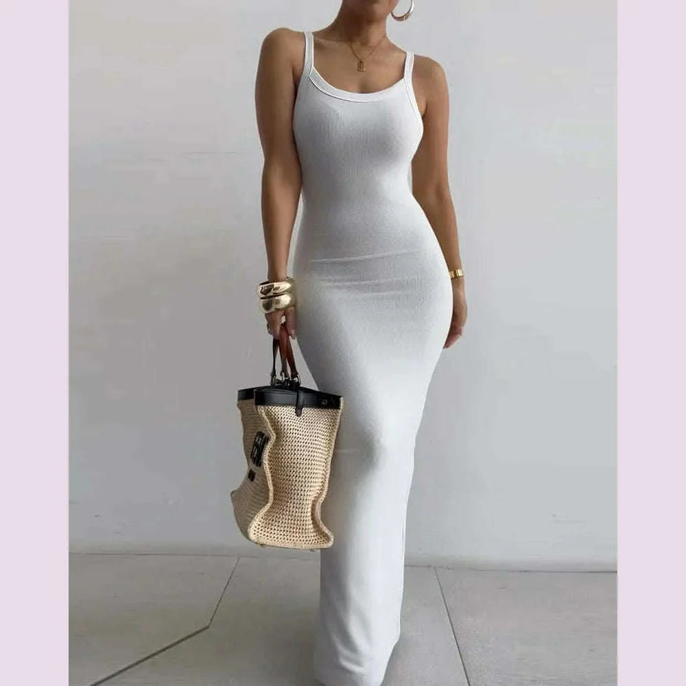 2025 Women s Sleeveless Strap O neck Sexy Belt Colorful Printed Long Skirt Evening Dress Y2k Sleeveless Solid Color Tight Fit