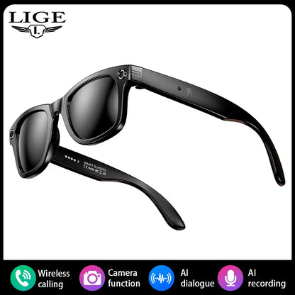 LIGE Camera Smart Music Glasses Make Receive Call Bluetooth Headset Recording Photo Recognition Anti Blue Light UV Sunglasses