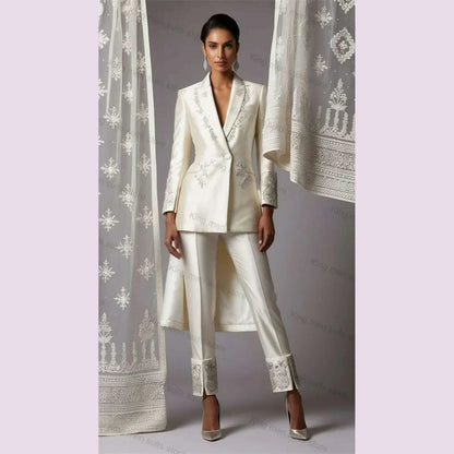 Beige Satin Women Office Suits Set Customized 2 Pieces Blazer+Pants Designer Beaded Appliqued Formal Business Prom Dress Jacket