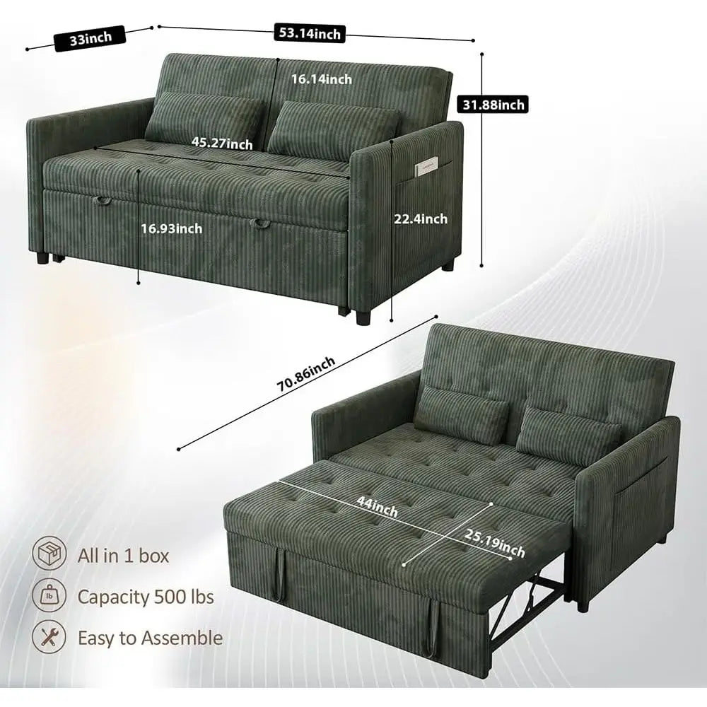 Green Corduroy 3-in-1 Sleeper Sofa with Pull-Out Bed, Storage and USB Ports for Small Living Spaces - Kimlud