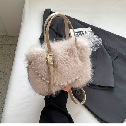 Fairy Handbag Pearl Chain Plush Small Square Bag For Women Fashion Elegant Shoulder Crossbody Bag Autumn Winter Versatile Totes