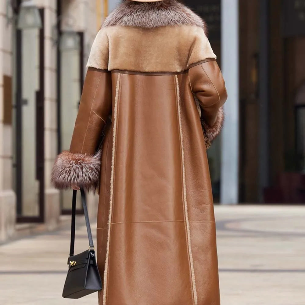 Slim Long Real Leather Jackets Women Fashion Solid Buttons Coats Women Elegant Tie Belt Waist Pockets Jackets Female Ladies