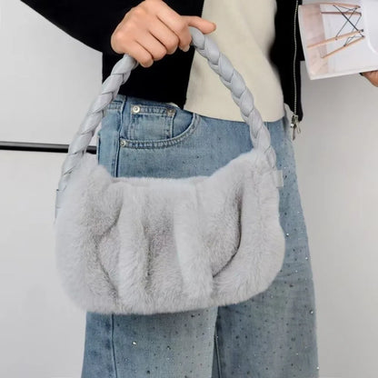 Elegant Furry Shoulder Bag Fluffy Soft Plush Handbag Solid Color Zipper Tote Bag