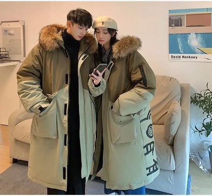 Men's Parkas Hooded Down Jacket Couple Mid-length Over-the-knee Loose Animal Fur Collar Jackets Zipper Pockets Thick Tops Coat