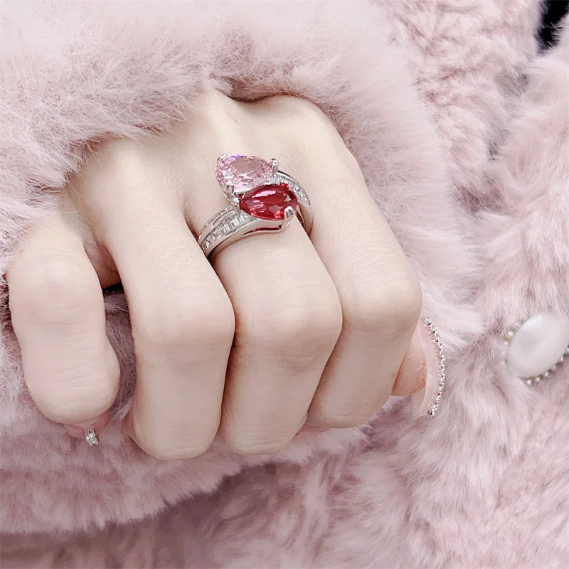 925 Sterling Silver Luxury Sparkling Zircon Pink Gemstone Ring for Ladies Party Adjustable Ring Reception Jewelry Gift