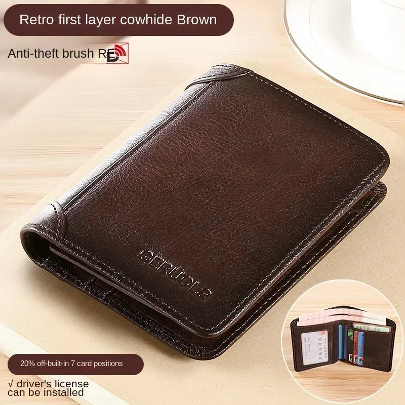 Men Wallet Genuine Leather Rfid Blocking Trifold Wallet Vintage Thin Short Multi Function ID Credit Card Holder Male Purse Money