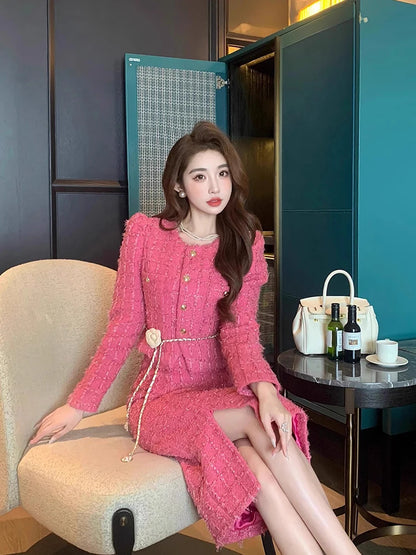 Autumn Fashion Rose Red Woolen Two Piece Set Women Golden Button Chain Belt Tweed Short Jacket Coat+Split Midi Skirt Suit