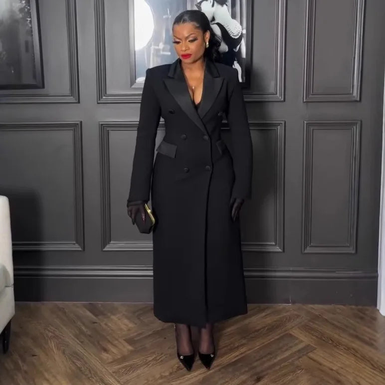 Elegant Black Long Dress with Notched Double Breasted Design Slim Fit Suitable for Formal Occasions Evening Outings Outerwear