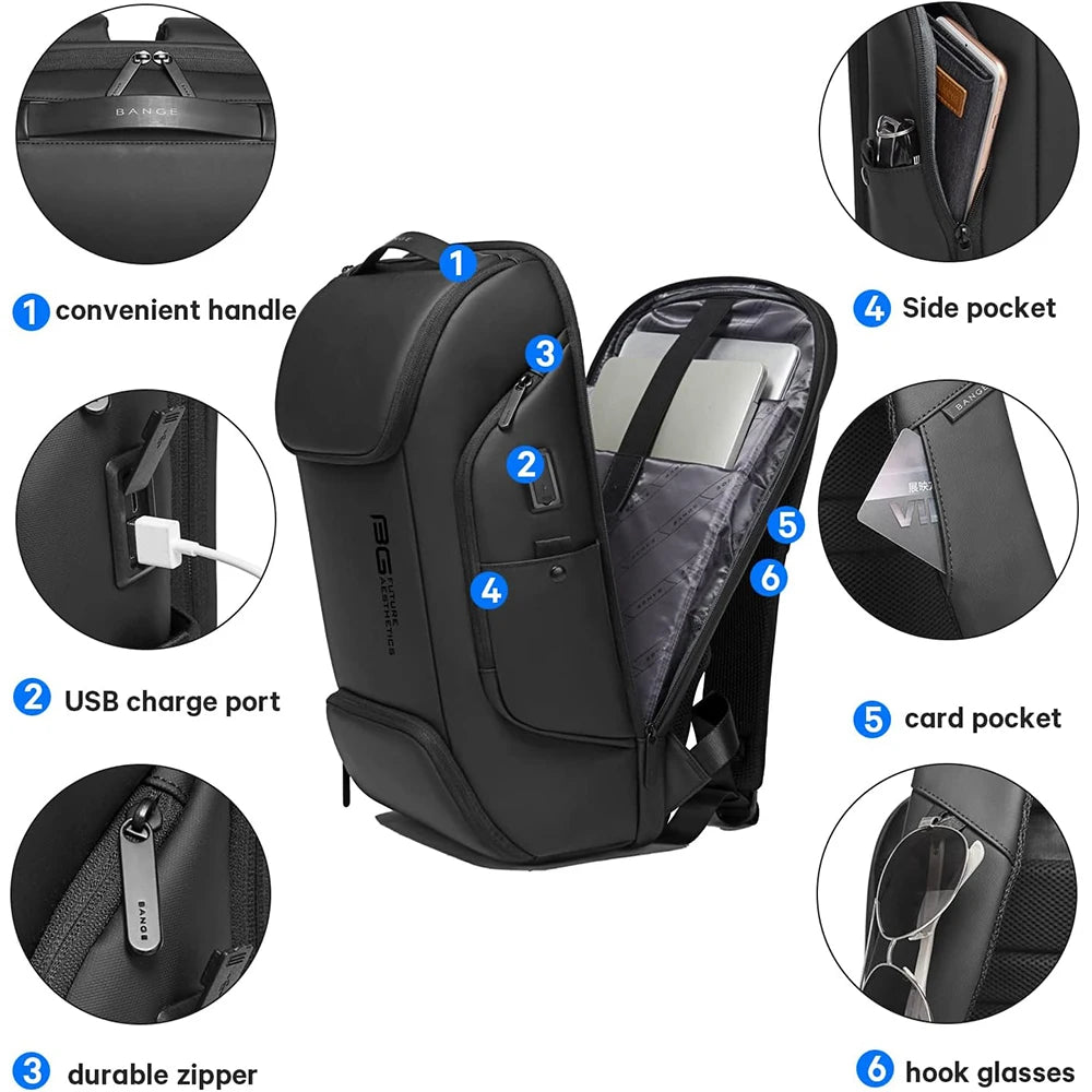 BANGE Business USB Charging Smart Backpacks Fits 15.6 Inch Laptop Commute Backpack WaterProof Carry On Bag for Men Travel Bags