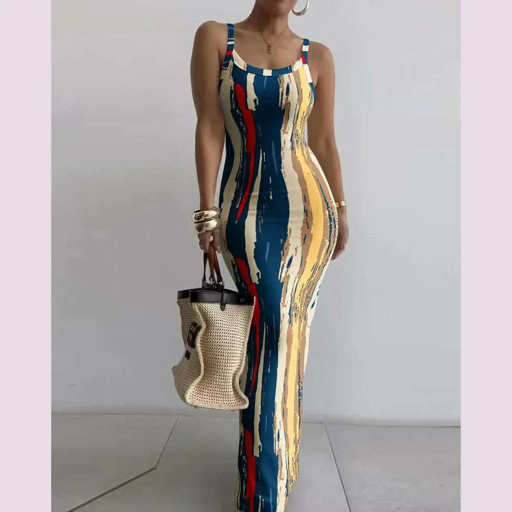 2025 Women s Sleeveless Strap O neck Sexy Belt Colorful Printed Long Skirt Evening Dress Y2k Sleeveless Solid Color Tight Fit