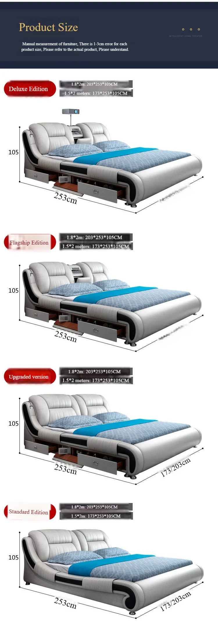 Modern Luxury Bedroom Furniture Smart Electric Massage Up-holstered Beds king Size Double Bed Mattress Plus Frame with...