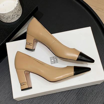 MKKHOU Fashion Shoes New High Quality Genuine Leather Shoes Color blocked Round Head Shallow Mouth High Heels Women's Shoes - Kimlud