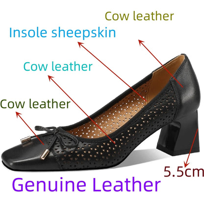 【JOCHEBED HU】New Fashion Hollow Out Women Pumps Square Toe Summer Shoes Chunky Heels Handmade Genuine Leather Shoes 33-43 - Kimlud