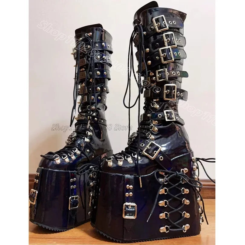 Black High Platform Belt Buckle Boots Round Toe Solid Punk Style for Women Spring Party Lace up Boots 2025 Zapatos Para Mujere