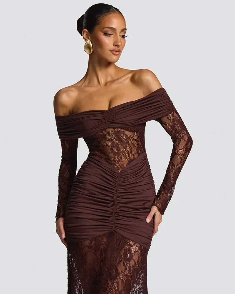 GACVGA Elegant Mesh Lace Patchwork Bodycon Maxi Dress for Women Summer Sexy Off-Shoulder Sheer Party Club Evening Long Dress