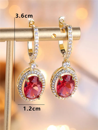 Luxury Female Rose Red Oval Zircon Stone Hoop Earrings Charm Gold Color Wedding Jewelry For Women
