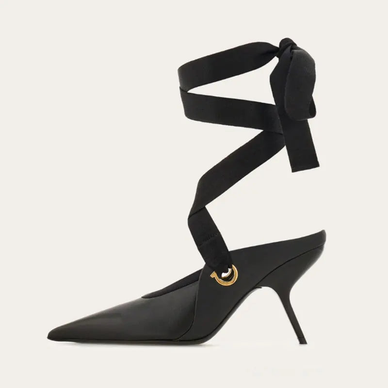 2025 Summer Women's Stiletto Ballet Sandals with Pointed Ankle Ribbons, Fashion Party Dance Shoes, Women's Large Fashion Sandals - Kimlud