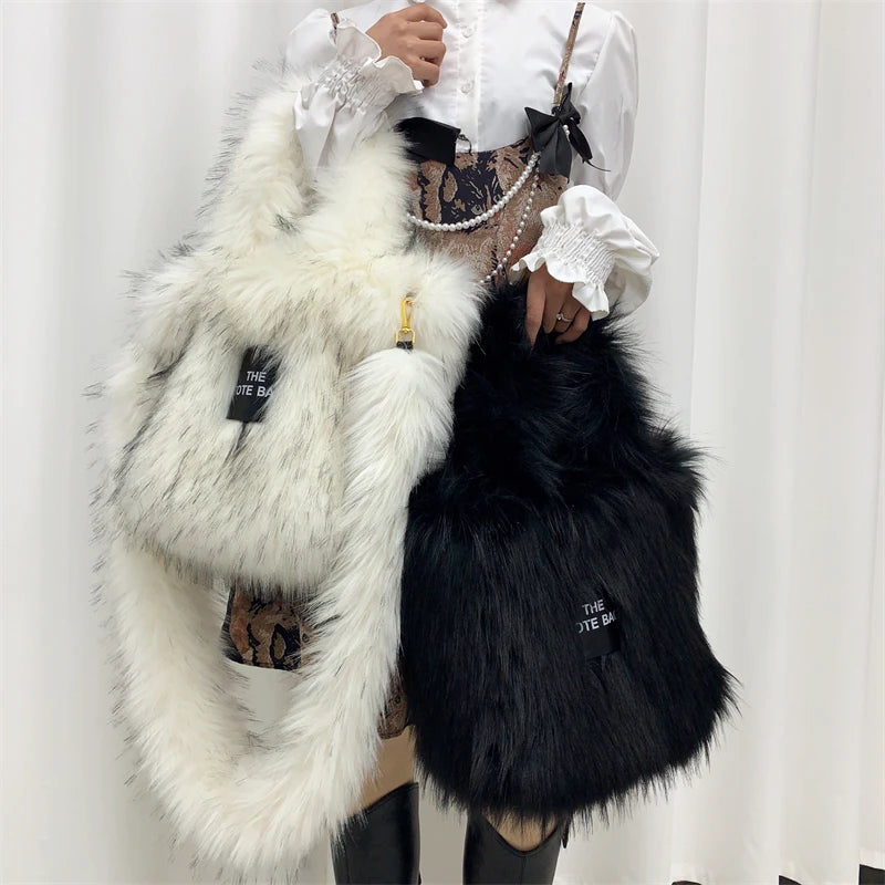Luxury Designer The Tote Bags for Women Furry Leather Branded Fur Shoulder Bags Female Large Crossbody Handbags