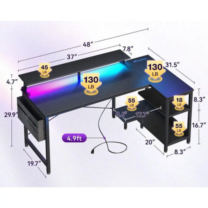 48 Inch Gaming Desk with USB Charging Ports and LED Lights, Reversible L Shaped Computer Desk with Storage Shelves amp Monitor