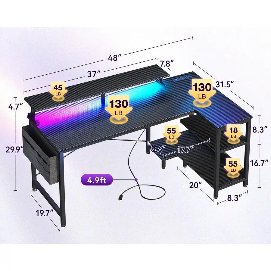48 Inch Gaming Desk with USB Charging Ports and LED Lights, Reversible L Shaped Computer Desk with Storage Shelves amp Monitor