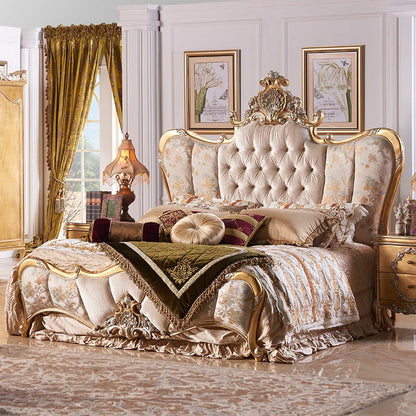 French Rococo Design Home Bedroom Gold Leaf Carving King Size Bed European Classic Luxury Golden Wooden Bedroom Furniture - Kimlud
