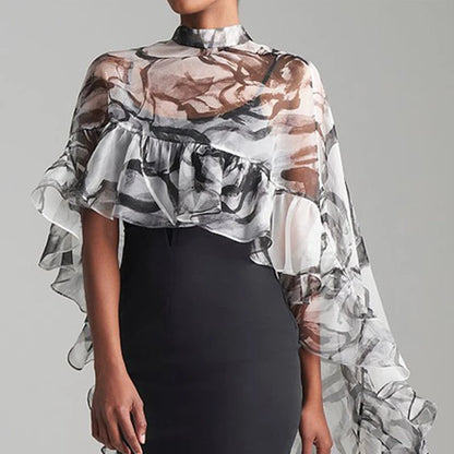 Fashion Vintage Cover-up Top Floral Flower Print Pleated See-Through Sun Protection High-low Loose Blouses Shirts Tops