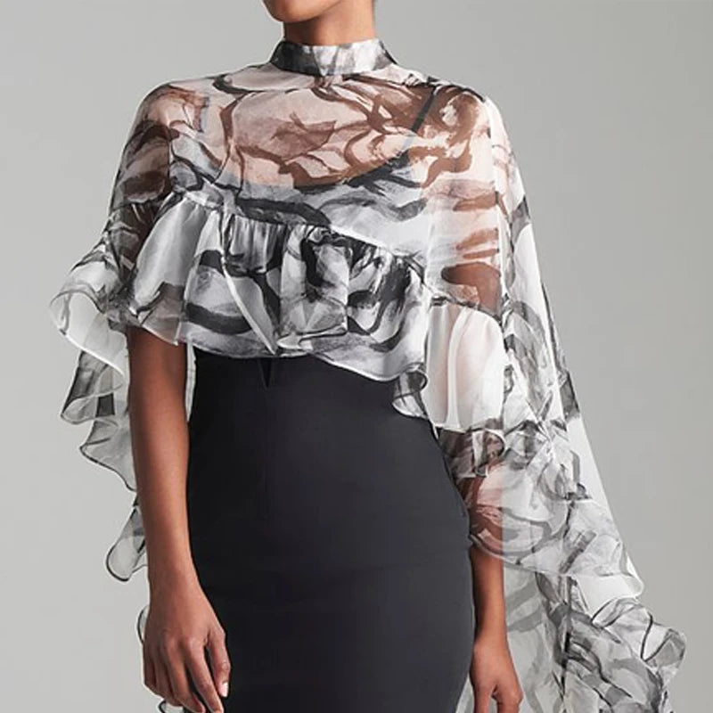 Fashion Vintage Cover-up Top Floral Flower Print Pleated See-Through Sun Protection High-low Loose Blouses Shirts Tops