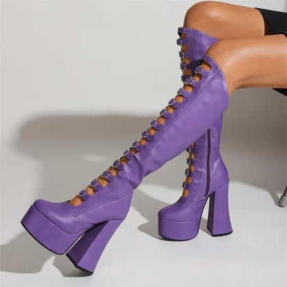 European and American High-heeled Sexy Belt Buckle Knee High Mary Jane Boots Women's Fashionable Thick Soled Banquet Shoes - Kimlud