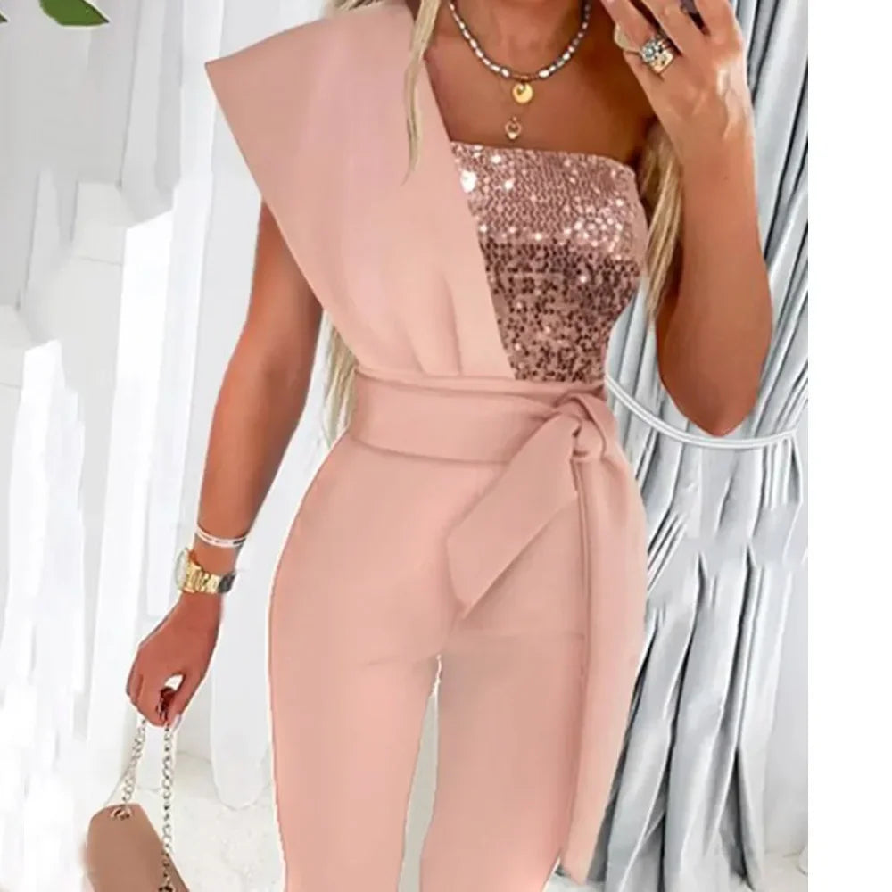 Summer Bodysuit Sexy Party Overalls Solid Sleeveless Women Jumpsuit Long Pants Rompers Lace-up Slim-fit Sequin Women's Trousers