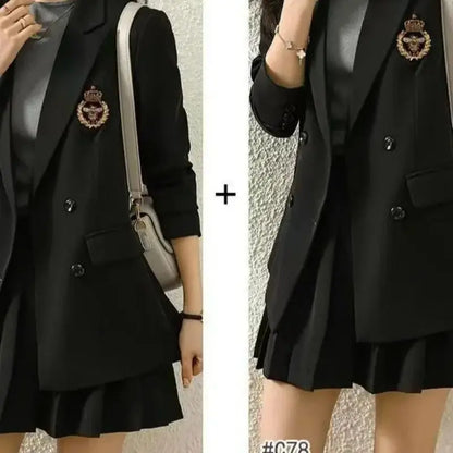 Korean Preppy Suit Women Fashion Embroidered Badge Double Breasted Jacket+High Waisted Pleated Mini Skirt Elegant Party Set 131F