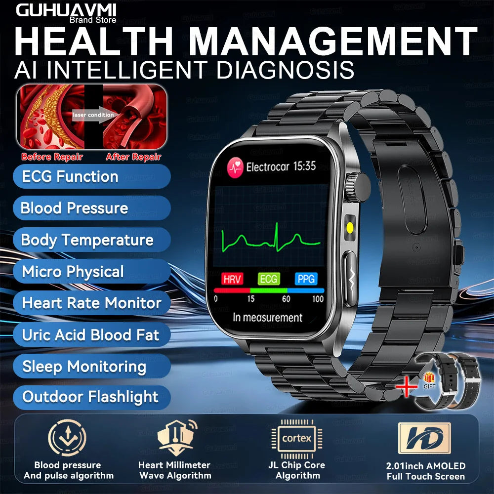 2025Hot AI-GPT Diagosis ECG Health SmartWatch Blood Pressure Lipid Uric Acid 650nm Dual-Probelaser Heart Analysis Smart bracelet