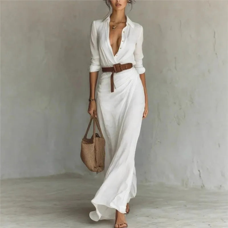 Elegant Solid Color Irregular Pleated Dress Belt Women's Autumn New Item Single Breasted Long Sleeved Shirt Long Frock Vestidos
