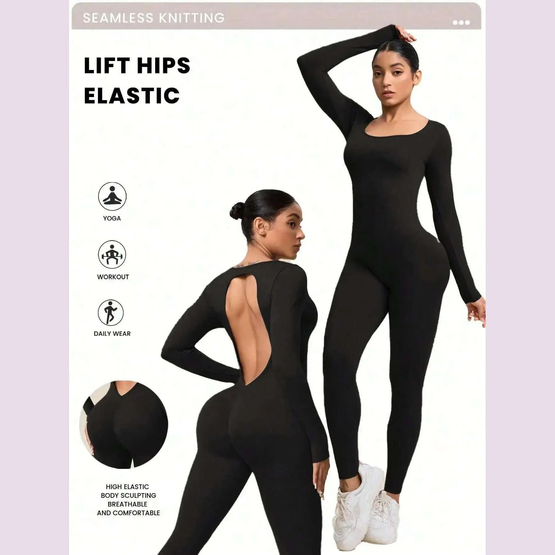 Women Jumpsuits Long Sleeve Sexy Backless Bodycon Rompers Scrunch Butt V Back Playsuit Workout Bodysuit