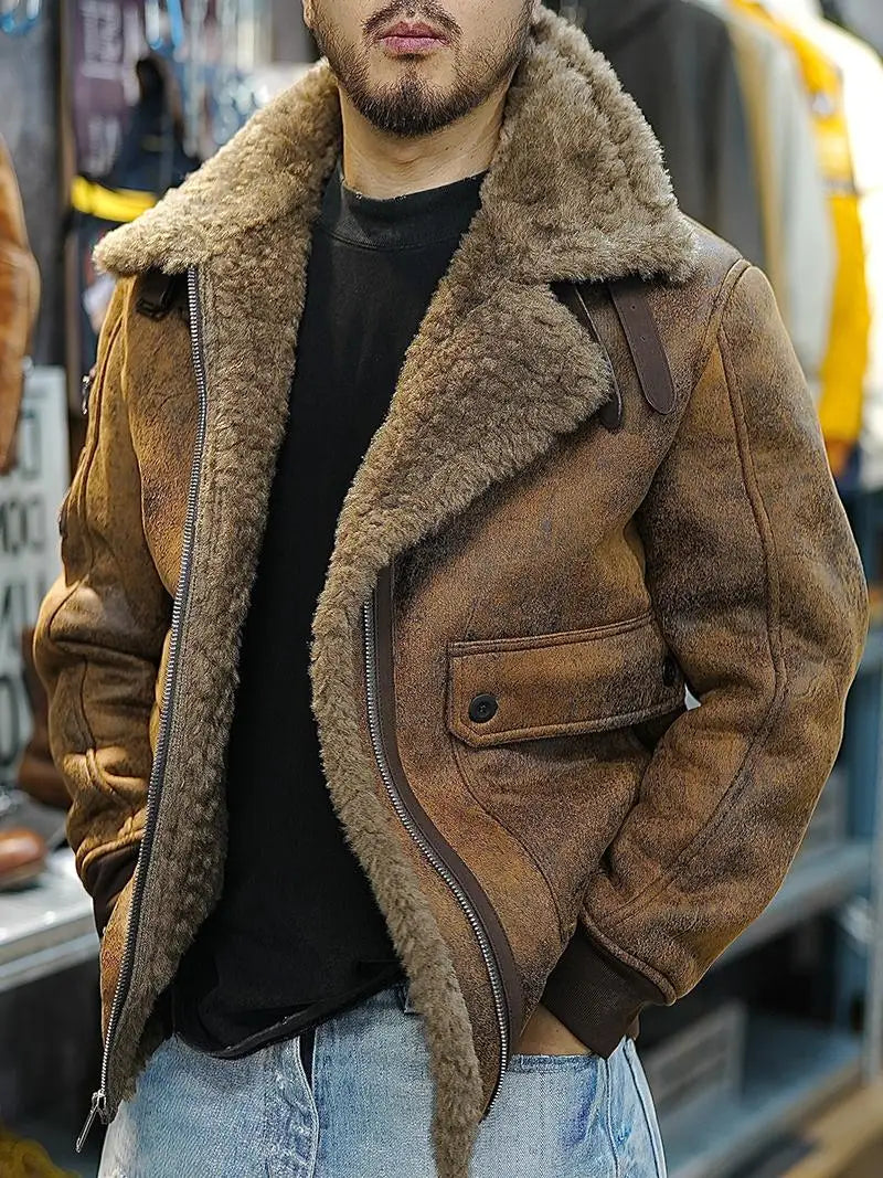 25AW Winter Shearling Trucker Jacket for Men Thermal Warm Thickened Suede Lambskin American Vintage Motorcycle Style Coats 4XL