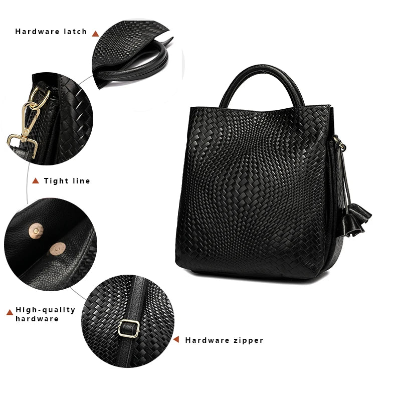 Fashionable and luxurious woven pattern casual versatile black woven pattern daily commuting cowhide women's handbag