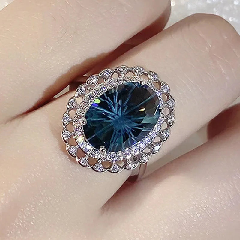 Round Blue Topaz Rings For Women S925 Sterling Silver Zirconia Propose Engagement Wedding Fine Jewelry Temperament Party Ring