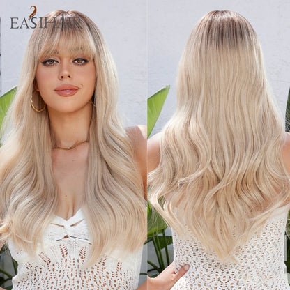 EASIHAIR Sandy Blonde Golden Wavy Synthetic Wigs with Long Bangs Cosplay Lolita Party Hair Wigs for Women Natural Heat Resistant